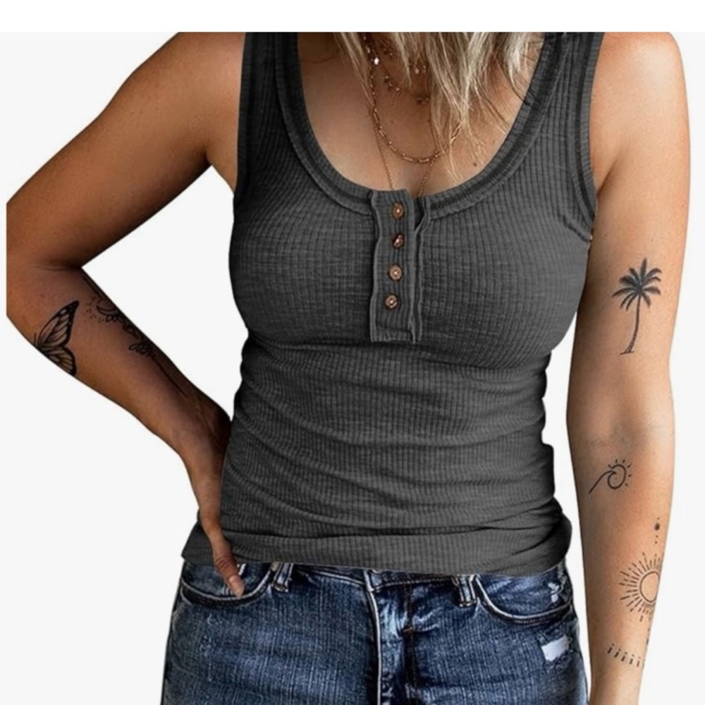 Sunbs Charcoal Gray Ribbed knit Henley button Tank Women’s Sz 2X